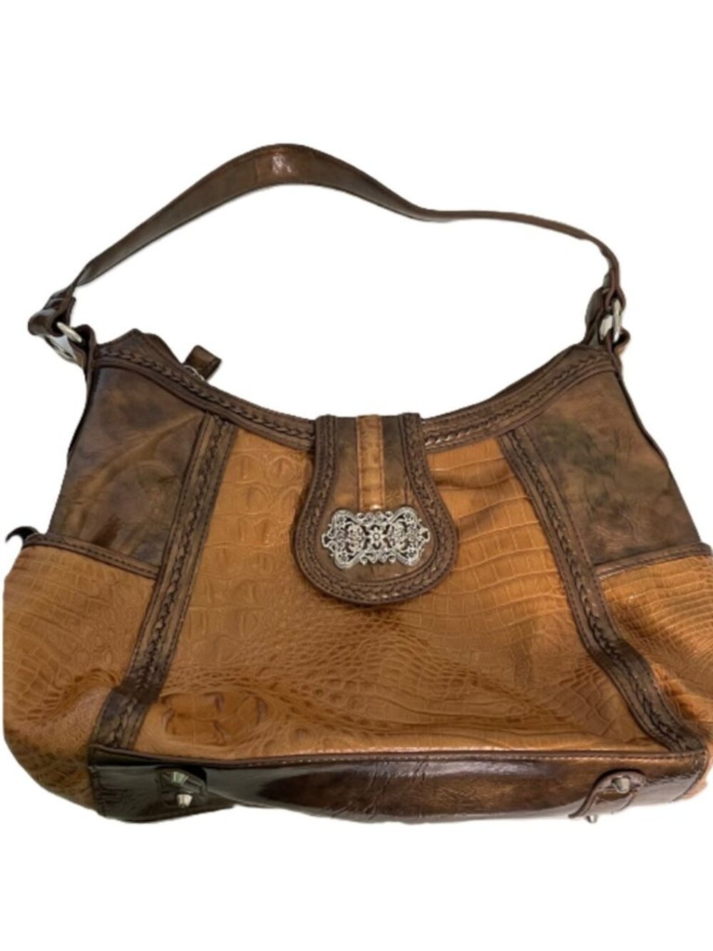Madi Claire Crock and Ostrich Embossed Leather Tote Bag Tan Brown Large 16x11